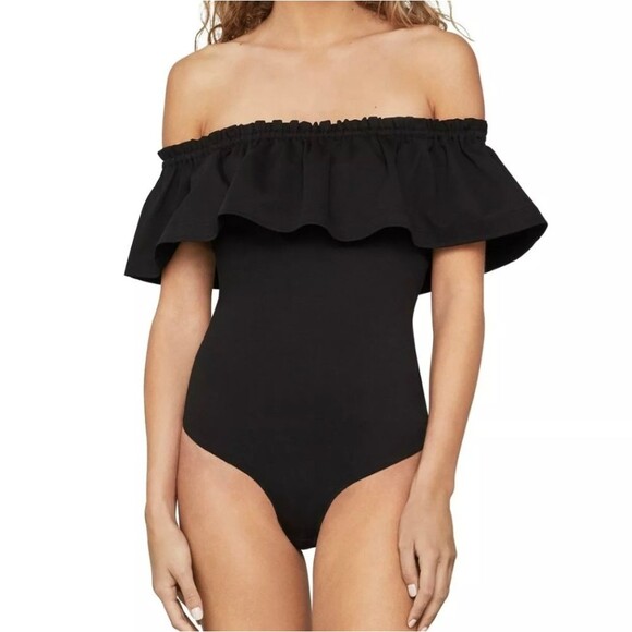 BCBGMaxAzria Black Ruffle Off Shoulder The Bodysuit Size XXS - Picture 1 of 11